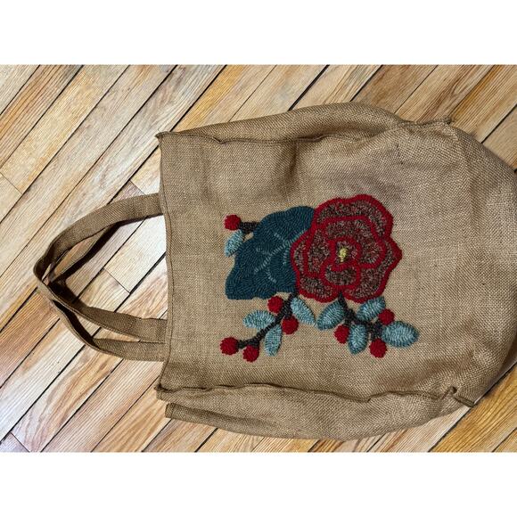 Antique Mid-Century Handmade Floral Hooked Wool Work on Burlap Tote Bag - Picture 9 of 15